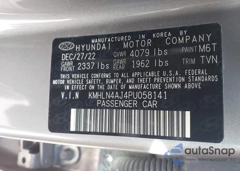 2023 Hyundai Elantra Hybrid Limited z USA, uszkodzony, nr VIN KMHLN4AJ4PU058141